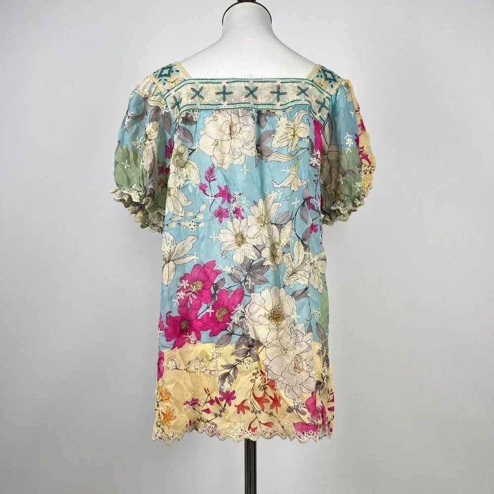 NWOT JOHNNY WAS Permint Padme Embroidered Floral Puff Sleeves Tunic Blouse Sz S